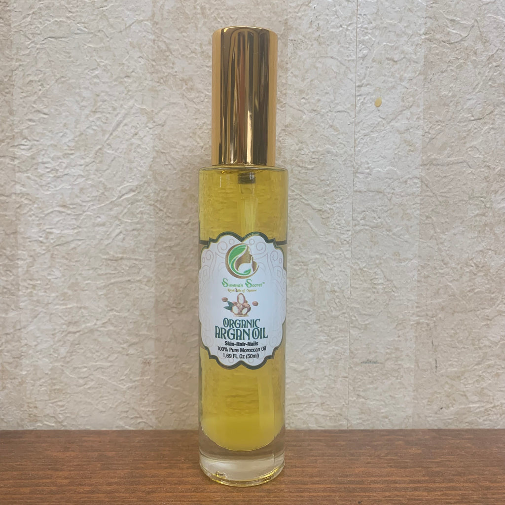 ARGÁN- Piel- Cabello- Uñas- Aceite Orgánico Marroquí (Prensado en Frío y Desodorizado)- 100% PURO, Grado-Terapéutico, 1.69 FL Oz/50 ml- Bomba de tratamiento cosmética dorada