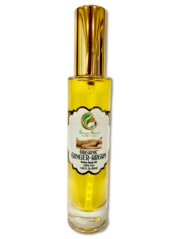 JENGIBRE-ARGÁN (GINGER-ARGAN) Mezcla Orgánica- Aceite Divino para el Cuerpo- 100% PURO, Grado-Terapéutico, 1.69 FL Oz/50 ml- Botella de vidrio con bomba de tratamiento cosmético dorada